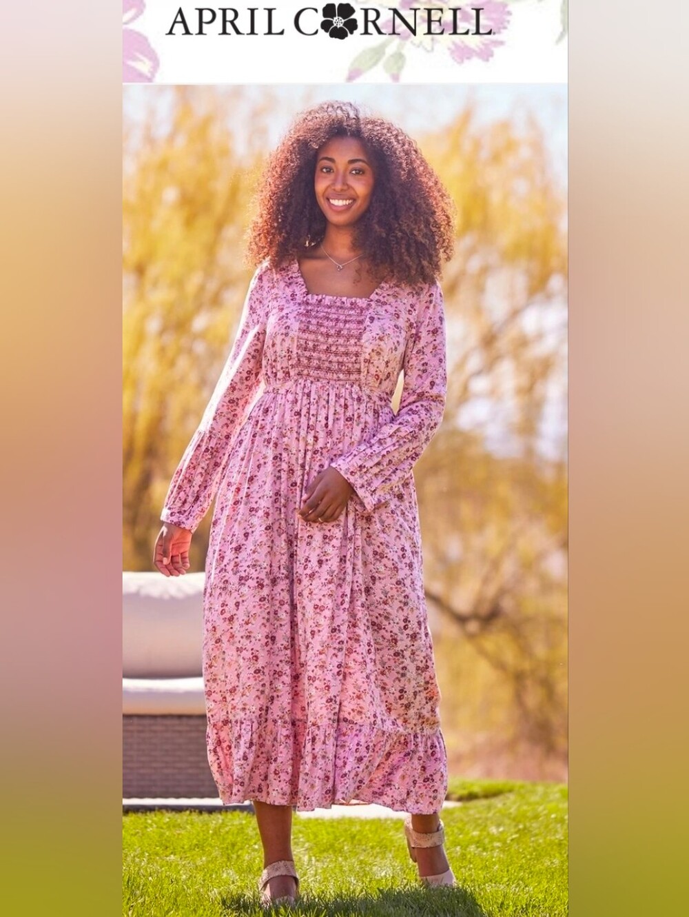 APRIL CORNELL Pink Ditsy Floral Rose MILLI FLOWER Prairie Smocked Maxi Dress S